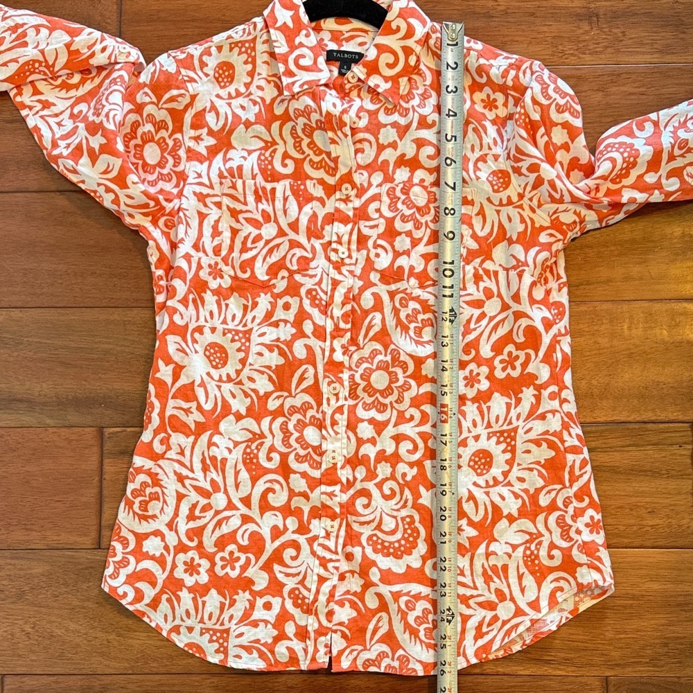 100% Linen Talbots Orange and White Floral Button-Up Shirt Size Small - Picture 7 of 7